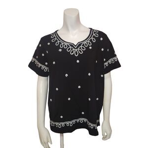 BFA Black And White Embroidered Sequin Short Sleeve Top Womens Size PL